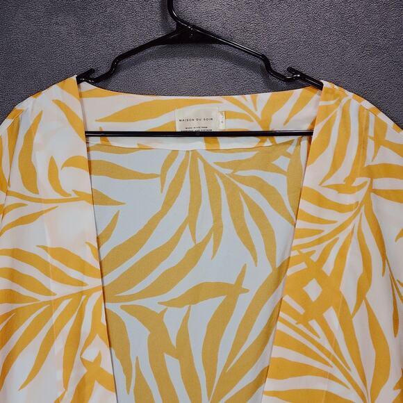 Maison Du Soir Kimono Robe M L Women Short Cream Peach Leaves Silky Tie Waist - Picture 8 of 10